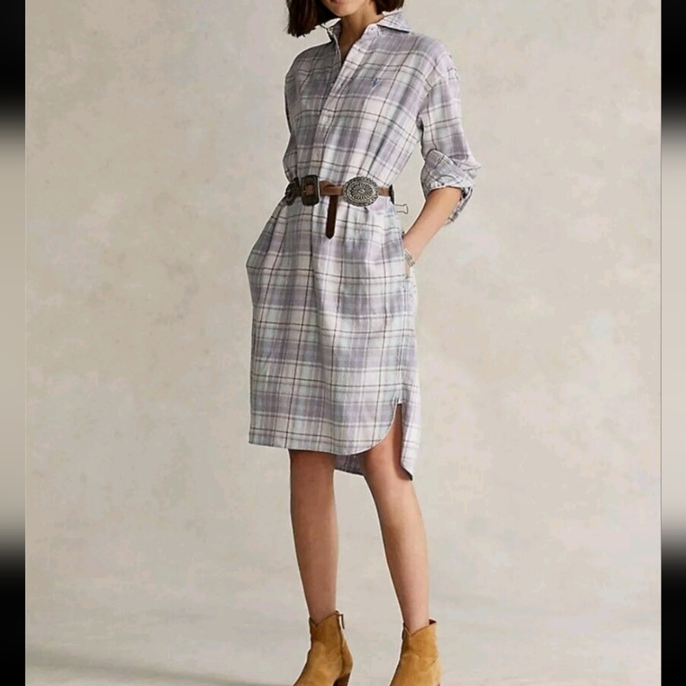 Polo Ralph Lauren Shirt Dress Womens Size 6 Purple Plaid Cotton Flannel Pockets